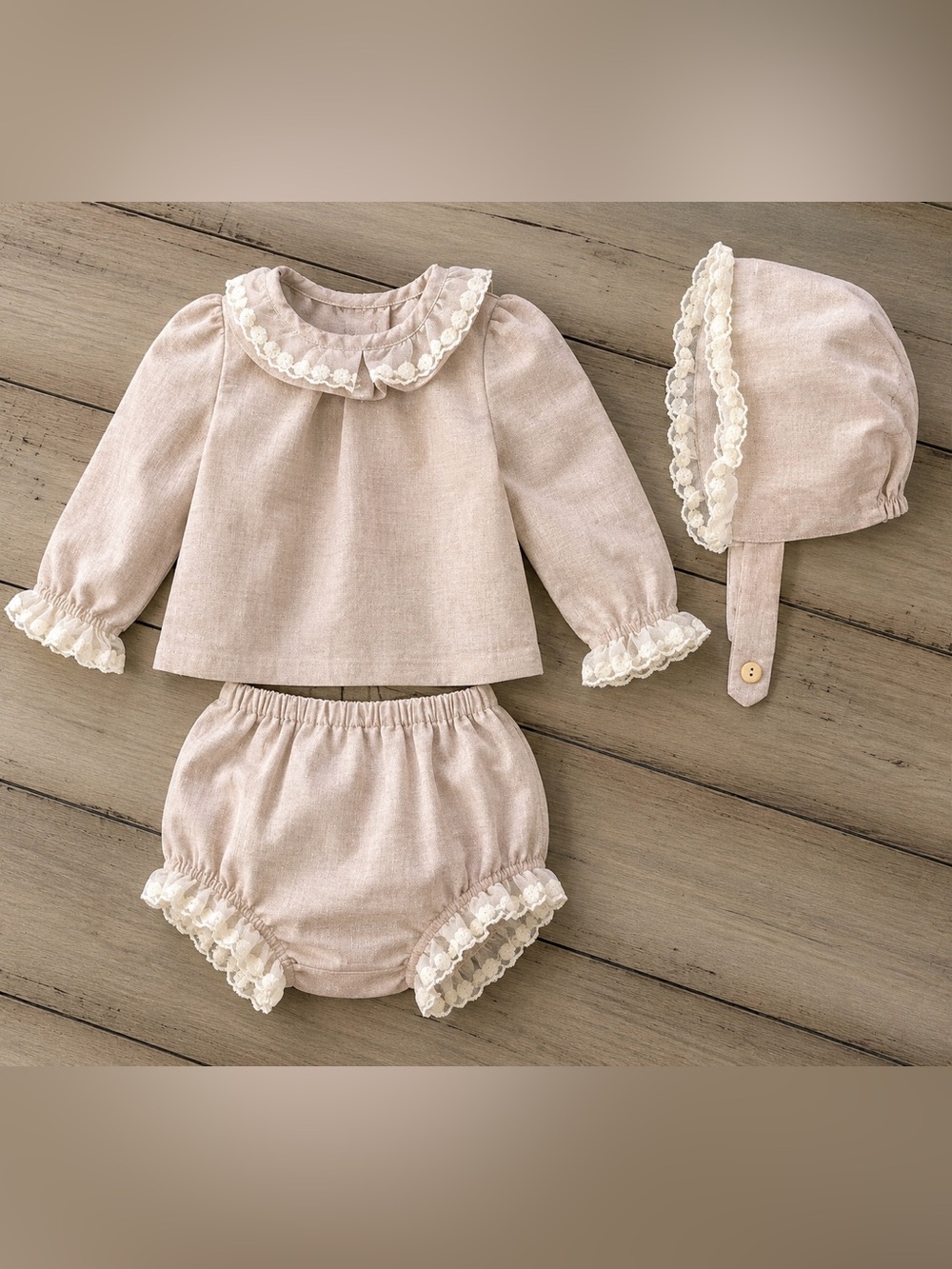 Baby Girls 3 Pc Outfit Set Pink Lace Bloomer Bonnet Top 6 Months Boutique Style
